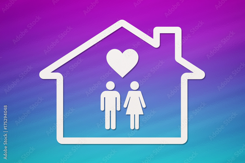 House with man, woman and heart inside. Housing, family concept House with man, woman and heart inside. Housing, family concept