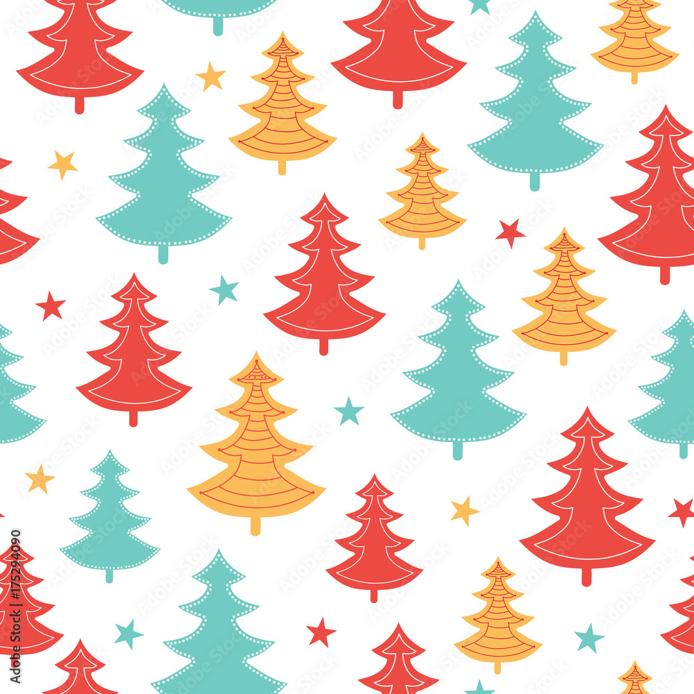 Vector green, yellow, red scattered christmas trees winter holiday seamless pattern. Great for fabric, wallpaper, packaging, giftwrap.
