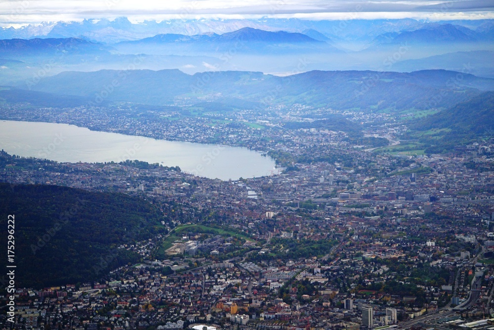 Aerial view of the town and lake of Zurich, Switzerland