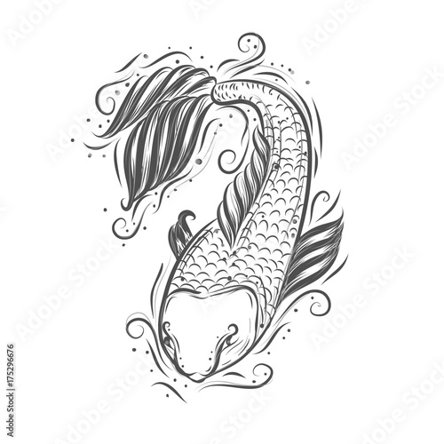 Beautiful japanese carp koi. Hand drawn vector isolated illustration. Ethnic, boho, gypsy style. Tattoo design, coloring book page.