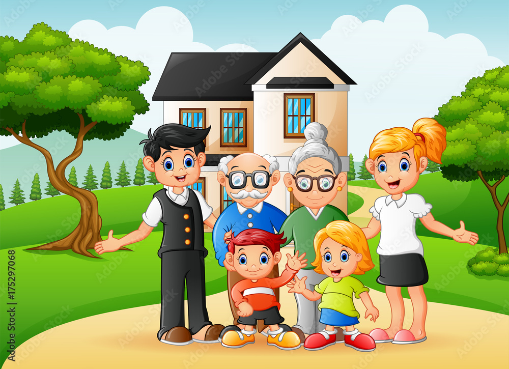 Cartoon happy family members in the front yard of the house Stock Vector |  Adobe Stock