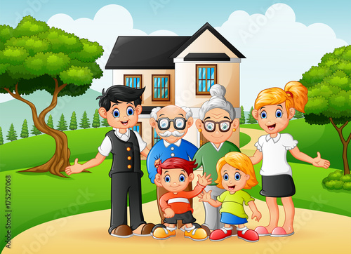 Cartoon happy family members in the front yard of the house