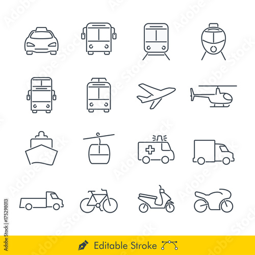 Simple Public Transport Icons / Vectors Set - In Line / Stroke Design with Editable Stroke