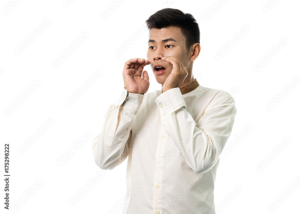 Handsome asian reception man are yelling portrait studio on white background Handsome asian reception man are yelling portrait studio on white background