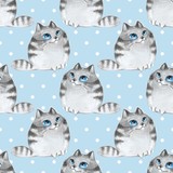 Watercolor cartoon cats, blue seamless pattern