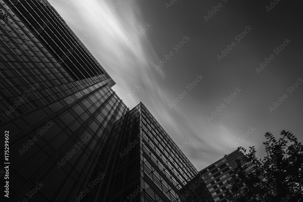 Black and white low angle view of skyscraper in Roppongi area, Tokyo, Japan