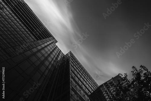 Black and white low angle view of skyscraper in Roppongi area  Tokyo  Japan
