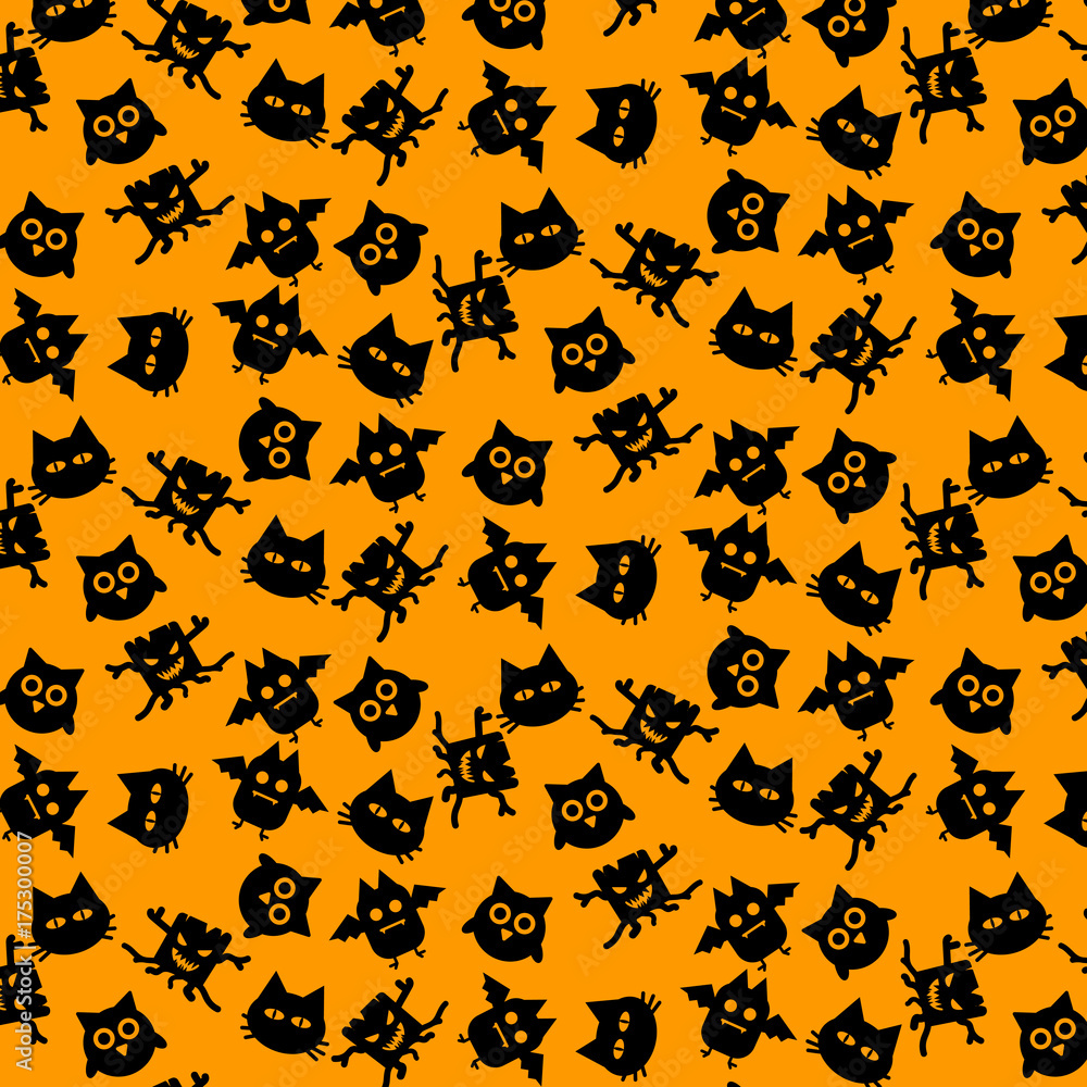 Black Owl Bat Cat and Demon of Halloween icons seamless pattern vector design concept on orange background Black Owl Bat Cat and Demon of Halloween icons seamless pattern vector design concept on orange background