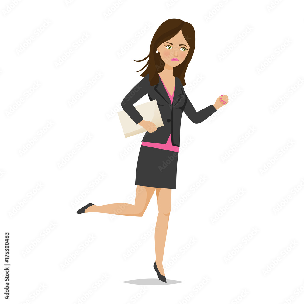 Young girl office worker, with documents in hands, hurry, running. Young girl office worker, with documents in hands, hurry, running.