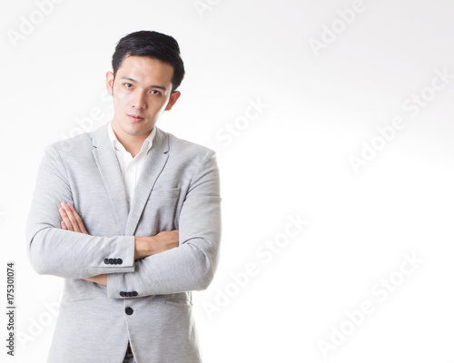 Portrait of Asian Man In Isolated Background With Gesture Sign