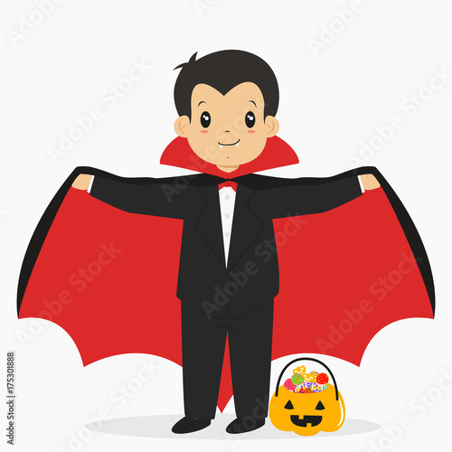 a boy wearing dracula costume for Halloween party and pumpkin bucket full of candies. Halloween cartoon vector