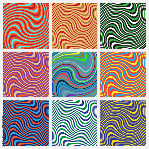 Set of the nine swirling background made of colorful stripes . Vector illustration for swirl design.