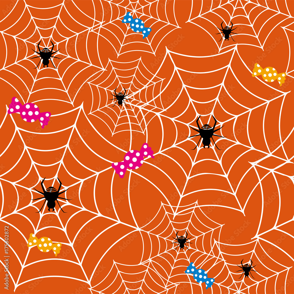 背景素材蜘蛛の巣とキャンディ ハロウィン用イラスト パターン Halloween Pattern Stock Vector Adobe Stock