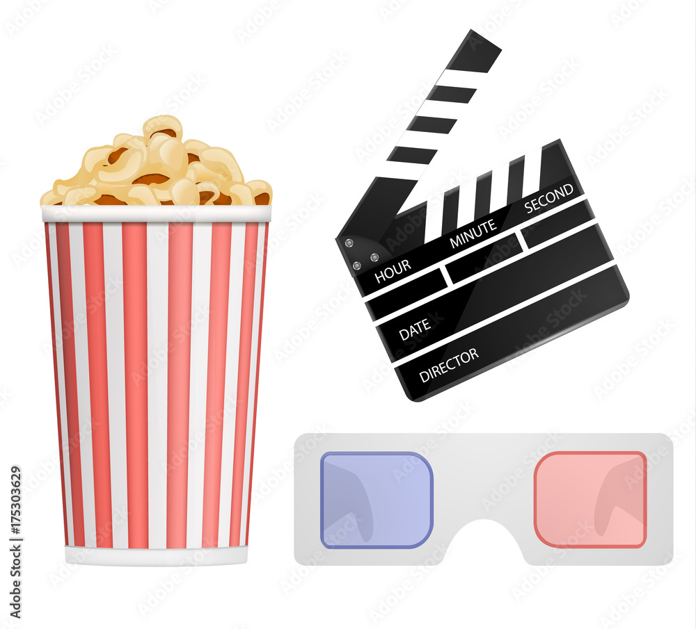 Cinema icon set,popcorn,clapper board,3d glasses.Vector illustration.