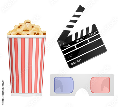Cinema icon set,popcorn,clapper board,3d glasses.Vector illustration. photo
