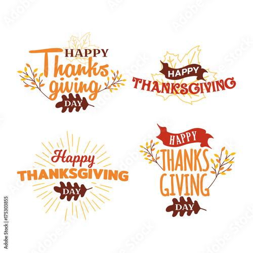 Set of Happy Thanksgiving Day Event Typography Text Poster, Banner, Logo, Badge, Label, Sticker, Greeting Card