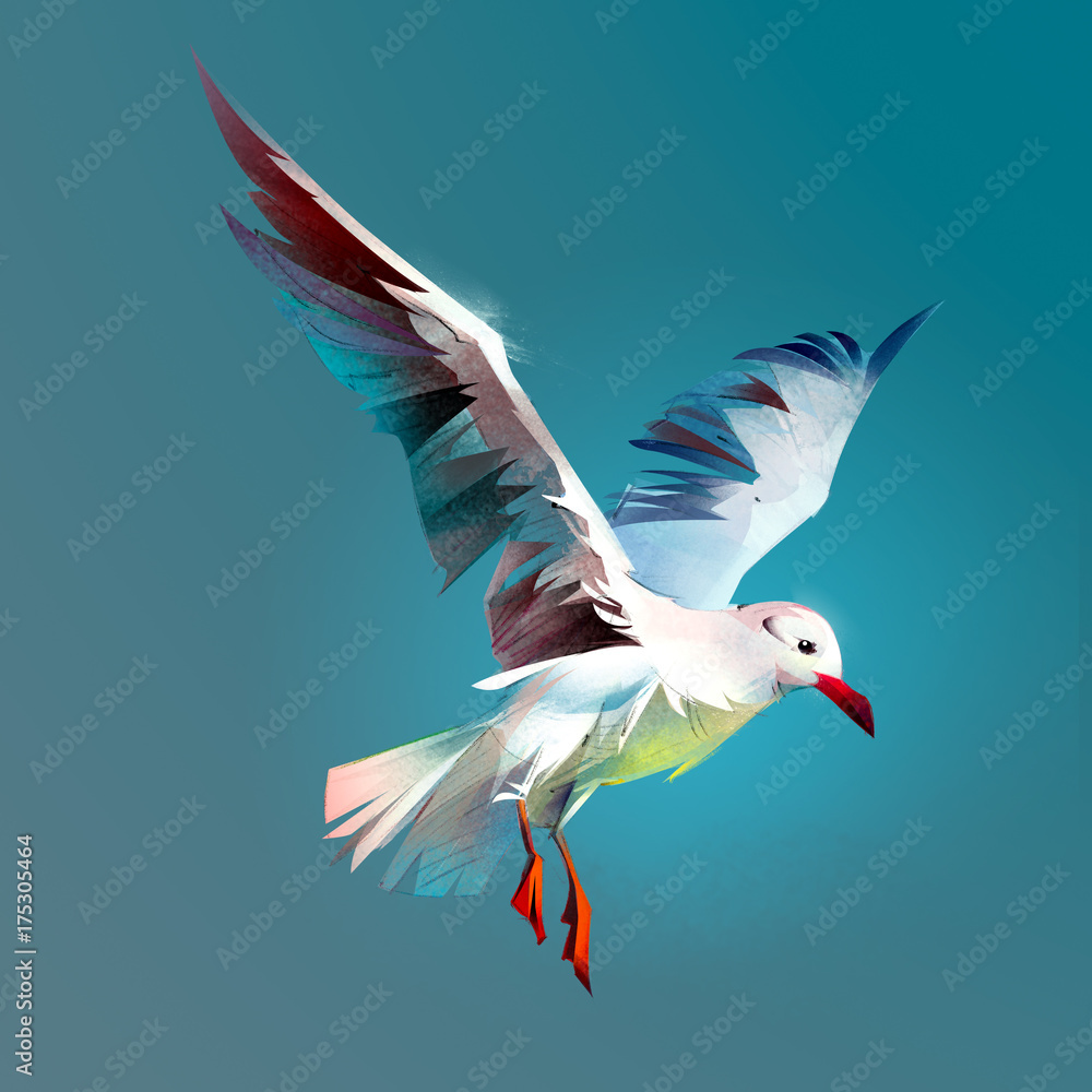 Naklejka premium Drawn flying bird Seagull. Sketch of stylized flying birds on a color background