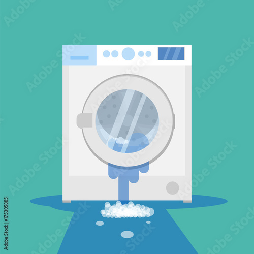 Broken washing machine with water  on floor. Calling the master. Vector illustration.