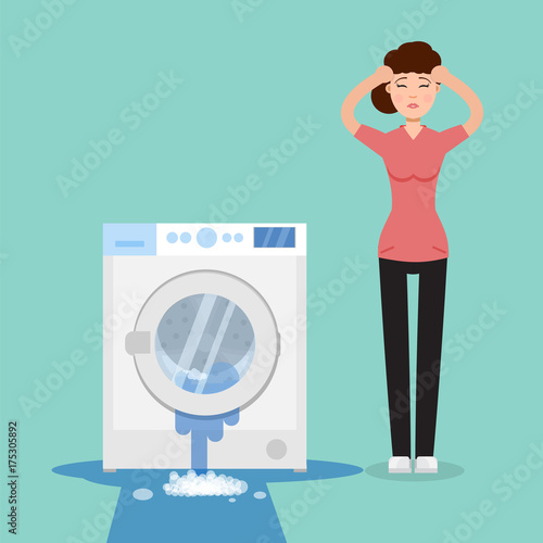 Broken washing machine and sad woman with her. Vector illustration.