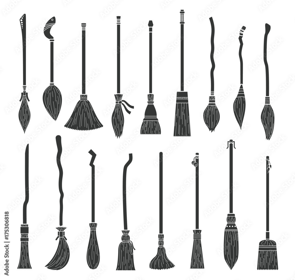 Naklejka premium Set of different witch brooms on halloween