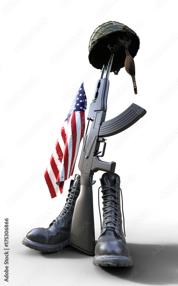 Veterans Day, Fallen soldier tribute, helmet, gun, boots and flag, 3d  render, 3d illustration Stock Illustration | Adobe Stock