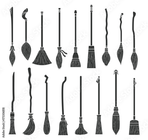 Set of different witch brooms on halloween photo