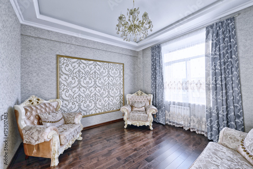 Russia, Moscow region - Interior design living room in luxury new apartment.