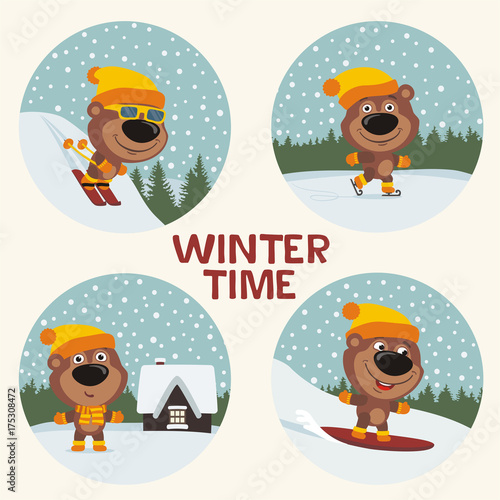 Winter time. Set of funny teddy bear is engaged in winter sports, stands near the house against the background of snowflakes. Collection of isolated teddy bear on skis, skates, snowboard.