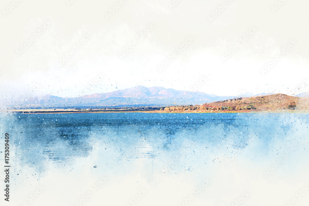Beautiful River and Mountain on watercolor painting background and colorful splash brush to art.