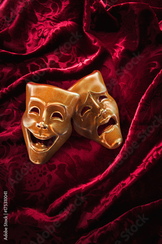 Theater masks, comedy and drama on a red curtain / 3D Rendering, Mixed media.