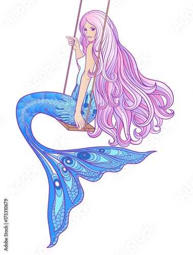 Hand drew mermaid with long pink hair. Stock vector illustration