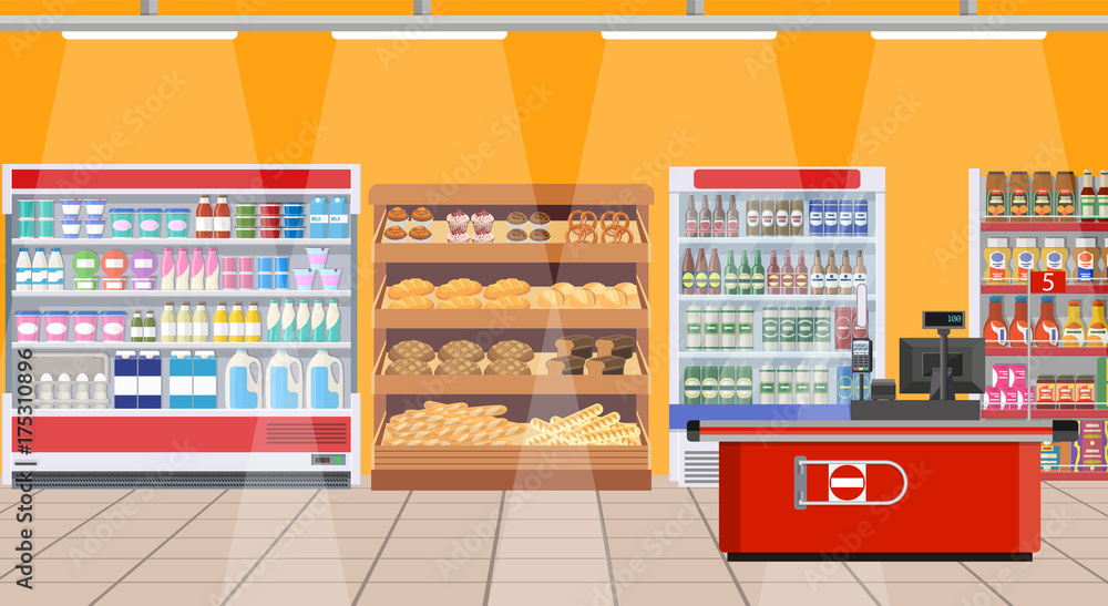 Supermarket interior. shelves with products.