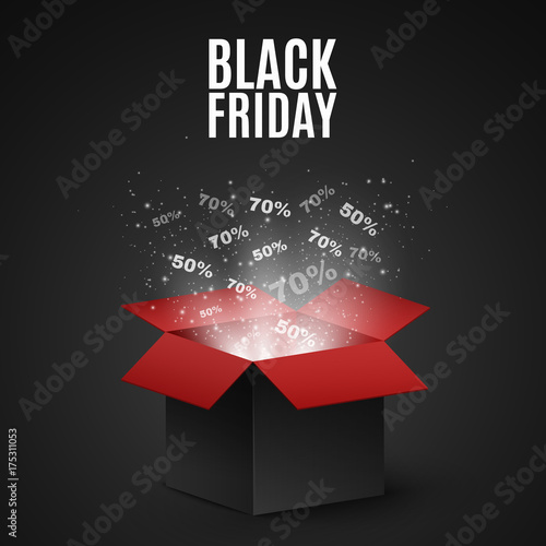 Black and red magic box for sale on a black Friday. Big discounts fly out of the box. Flying light particles and dust on a dark background. Special offer. Super sale. Vector