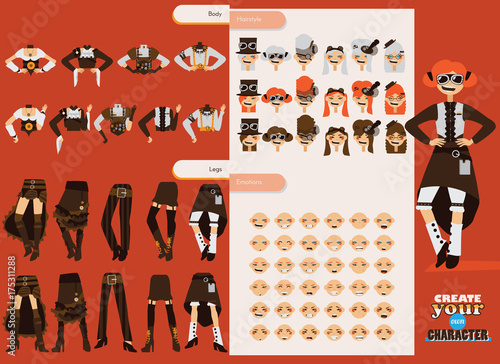 Vector set collection for creation cute female steampunk character. Young girl with various emotions, clothes style and accessories