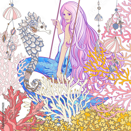 Hand drew mermaid with long pink hair in the underwater world. 