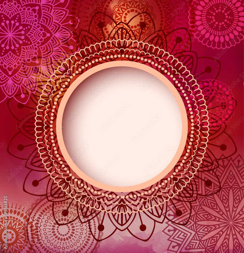 Card or invitation design template. Oriental red background with mandalas and a frame for text. Eps10 vector