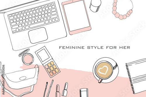 illustration of Hand drawn, doodle flat lay coordination. Feminine clothes collage. Women trendy fashion. Top views. Template for blogger, social media