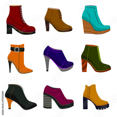 Woman Autumn Shoes Set. Colorful Shoes in Cartoon Style for Banners and Fliers of Shops. Vector Illustration of High Heel and Platform Shoes