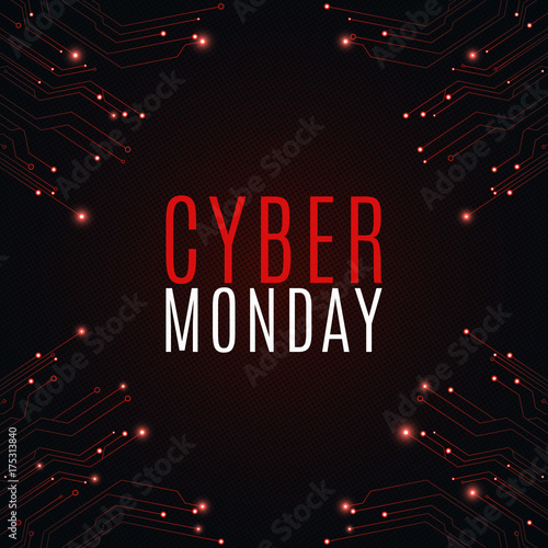 High-tech background from a computer circuit board for a cyber sale Monday. Great sale. Glowing neon red connectors. Vector