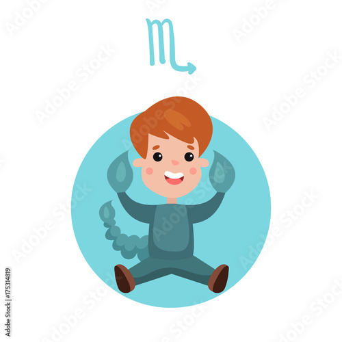 Cute little boy as Scorpio astrological sign, horoscope zodiac character colorful cartoon vector Illustration