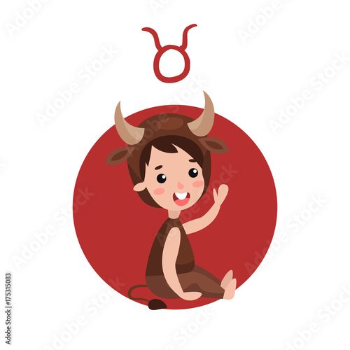 Cute little kid as Taurus astrological sign, horoscope zodiac character colorful cartoon vector Illustration