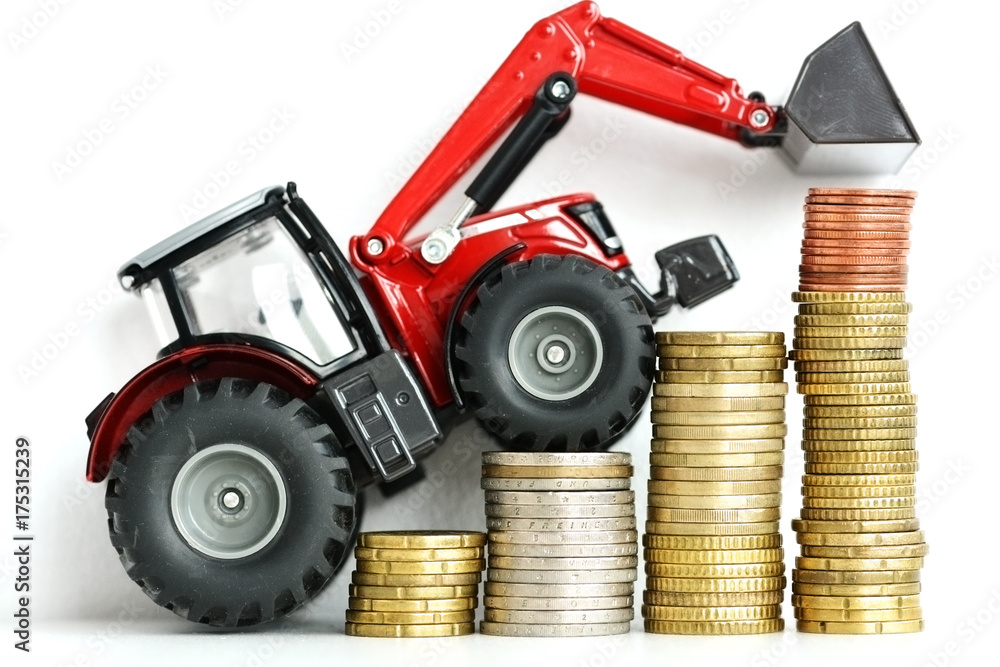 Red tractor climbing stairs of money suggesting growing costs in agriculture