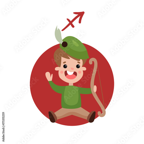 Cute little boy as Sagittarius astrological sign, horoscope zodiac character colorful cartoon vector Illustration