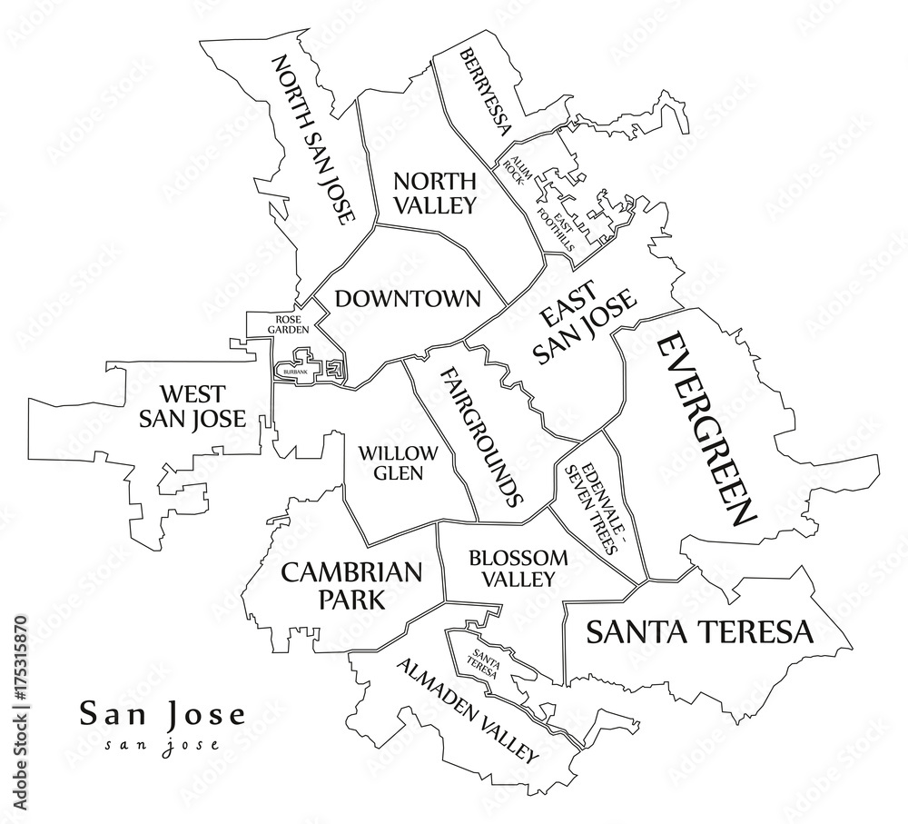 Modern City Map - San Jose city of the USA with neighborhoods and titles outline map