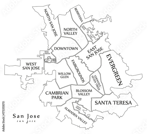 Modern City Map - San Jose city of the USA with neighborhoods and titles outline map