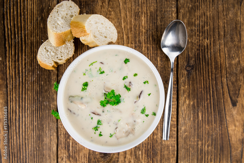Portion of Porcini Soup, selective focus