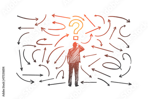 Question concept. Hand drawn man near a wall with questions. Male person who has to make a decision isolated vector illustration.