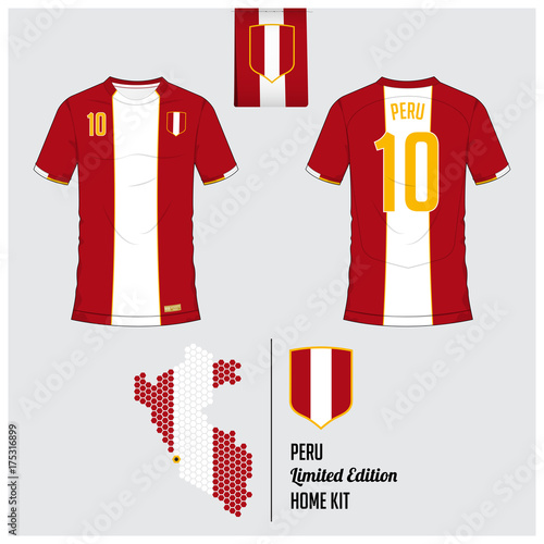 Soccer jersey or football kit, template for Peru National Football Team. Front and back view soccer uniform. Flat football logo on Peru flag label and map in hexagon pattern. Vector.