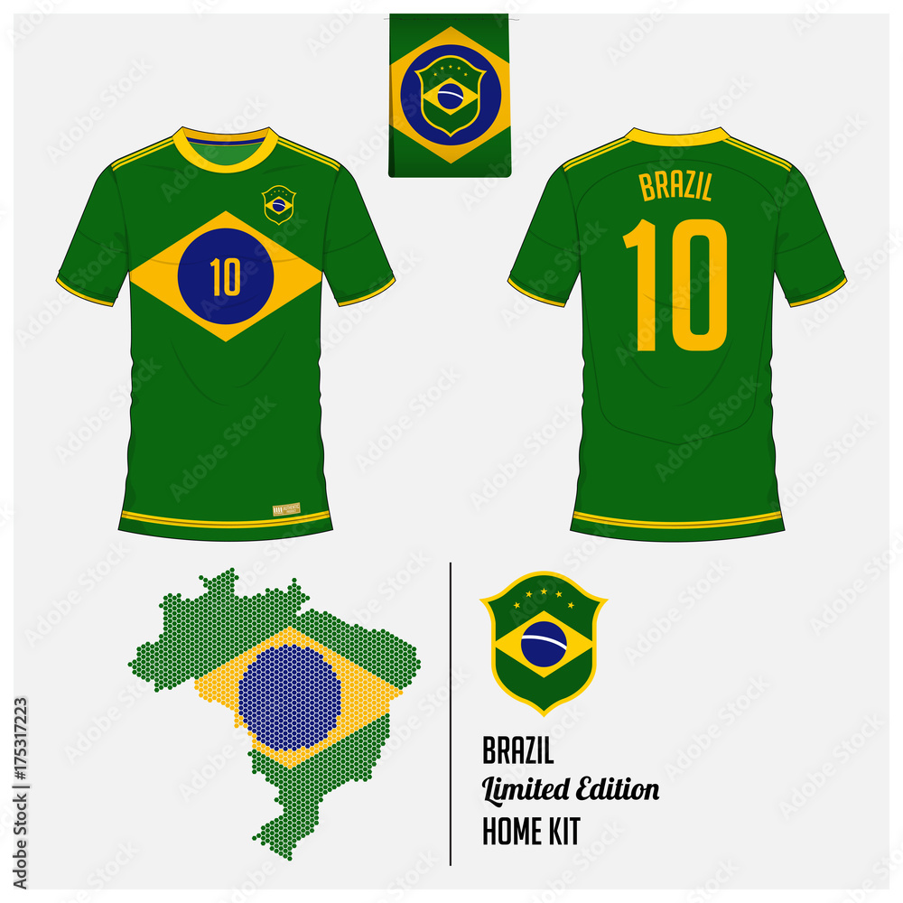 Soccer jersey or football kit, template for Brazil National Football Team.  Front and back view soccer uniform. Flat football logo on Brazil flag label  and map in hexagon pattern. Vector. Stock Vector