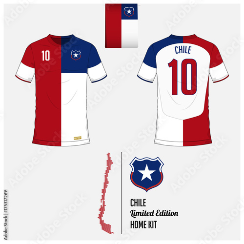 Soccer jersey or football kit, template for Chile National Football Team. Front and back view soccer uniform. Flat football logo on Chile flag label and map in hexagon pattern. Vector.